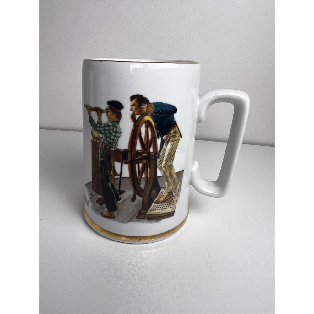 Vintage Norman Rockwell River Pilot Ceramic Mug Gold‎ Rimmed